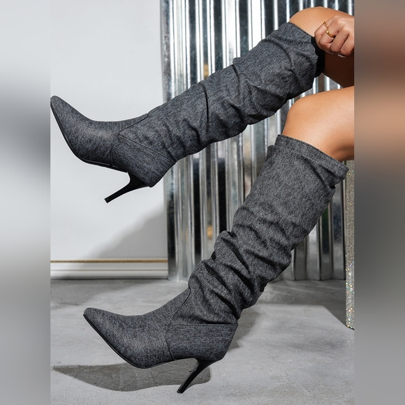 Shoes - Stylish Gray Heeled Pointy Toe Stiletto Boots